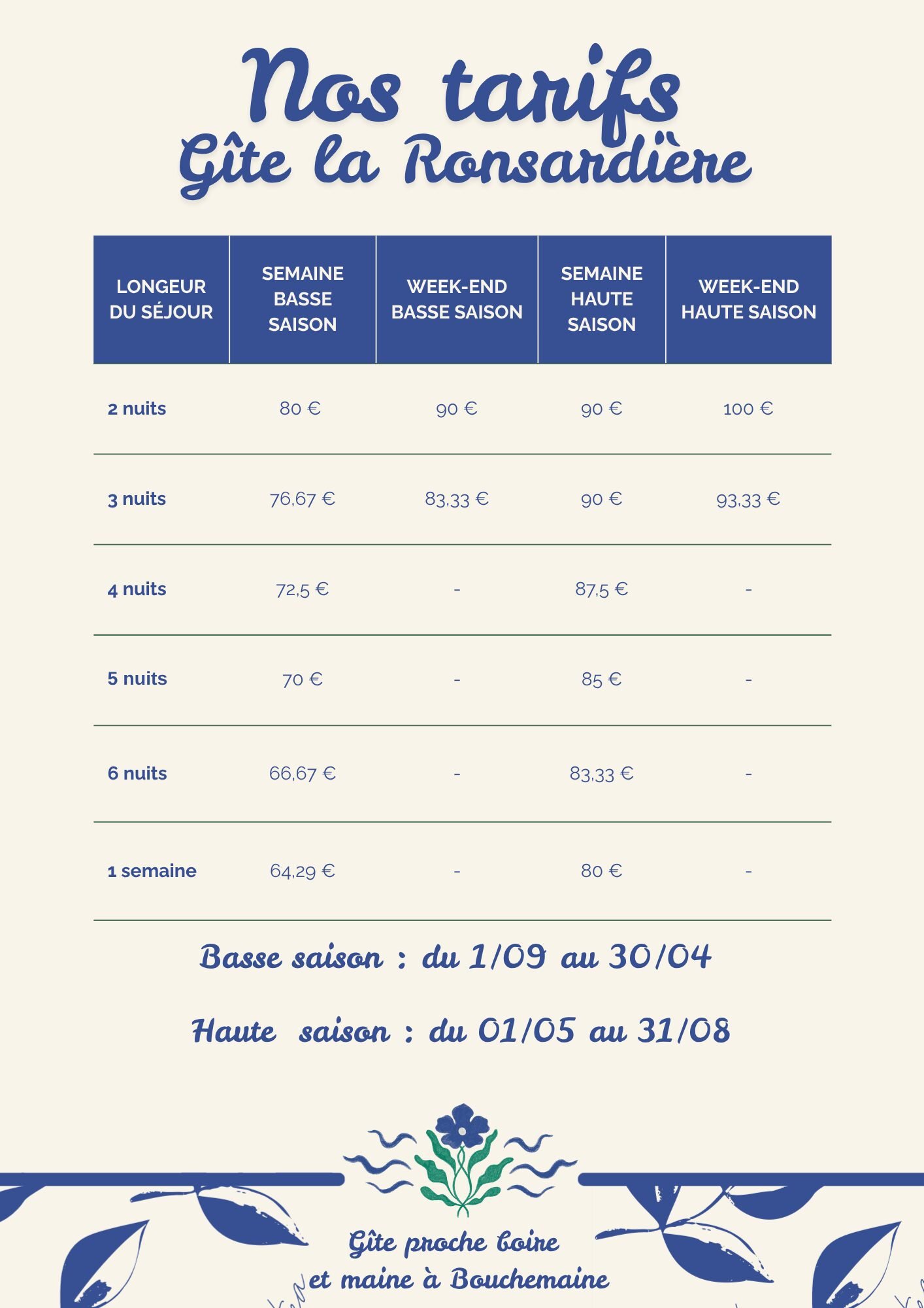 Tarifs - La ronsardière Bouchemaine - Gite de la Ronsardière